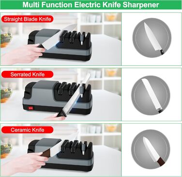 Електричний точило для ножів 4-в-1: прямі, зубчасті, керамічні ножі та ножиці, сірий колір