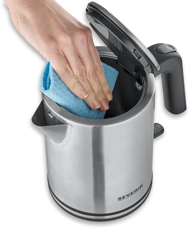 Електричний чайник SEVERIN 1 л з індикатором рівня води, фільтром від накипу, великим соплам, потужністю 2400 Вт, срільно-чорний колір, нержавіюча сталь, WK 3489