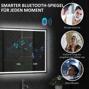 Дзеркало для ванної кімнати HOMCOM з підсвіткою 80x60 см, LED, з Bluetooth, функцією пам'яті, годинником, 3 кольорами світла, запобігає запотіванню, сенсорне управління, сріблястий | Aosom