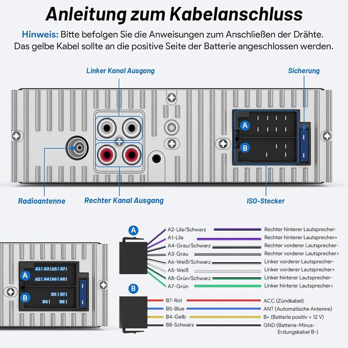 Автомагнітола Wistrue 1DIN з Bluetooth, FM/AM, USB/SD, AUX, MP3, Type-C, чорна