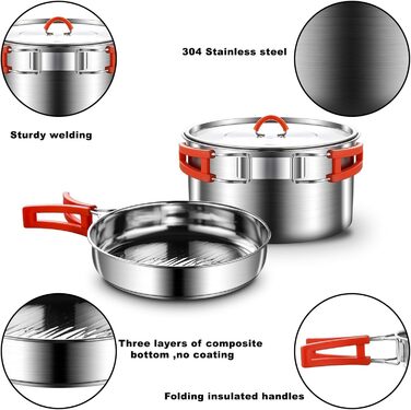 Набір посуду для кемпінгу з нержавіючої сталі 304, 1-2 особи. Посуд для туризму, похідний набір з каструлею, сковородою з антипригарним покриттям та чайником у сітчастій сумці