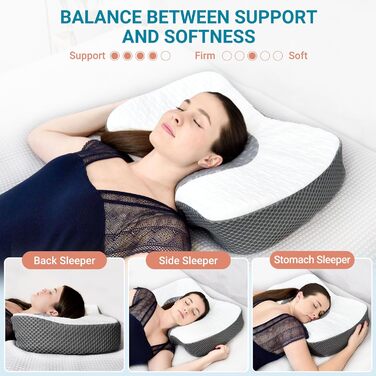 Elviros Orthopedic Memory Foam Pillow, Head Pillow for Neck Pain, Sleep Pillow, Ergonomic Neck Roll, Neck Support Pillow, Anti-Snoring Pillow for Side Sleepers, Stomach Sleepers, White