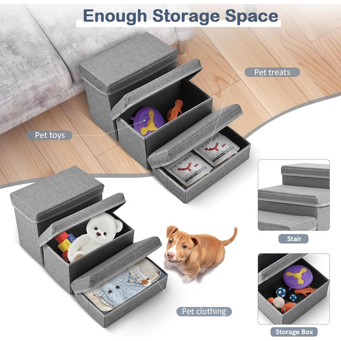 Сходинки для домашніх тварин Couleeur: 3 сходинки, антиковзкі, з місцем для зберігання, для собак та котів, складані, сірі