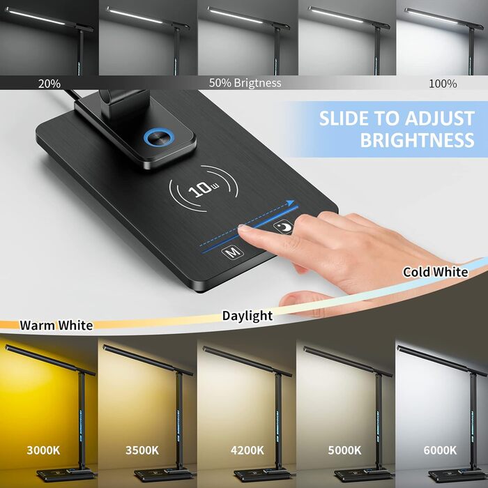 LED лампа настільна YAMYONE з бездротовим зарядним пристроєм та USB-портом, 5 кольорів, регулювання яскравості, нічник, годинник, термометр, для офісу та навчання, білий (чорний)