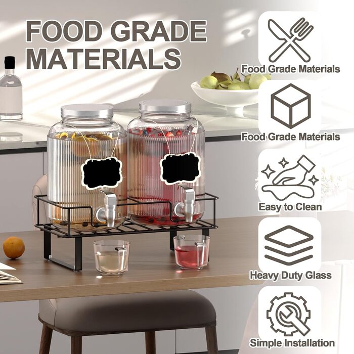 2 шт. скляні диспенсери для напоїв на 4 л з краном, металевий стійка та мірний стакан, для соку/коктейлів/трав'яного чаю, диспенсер для соку на вечірки та весілля