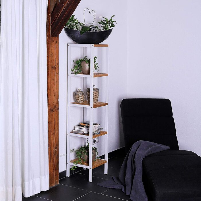 dibea Bathroom Shelf with 5 Shelves, Living Room Shelf, Standing Shelf, Bamboo Shelf, Bathroom Shelf, Book Shelf, Corner Shelf, Kitchen Shelf, 33x33x146 cm, natural/white