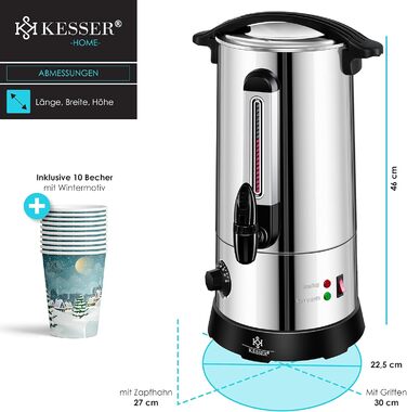 KESSER® 10L Stainless Steel Mulled Wine Warmer. Includes 10 Cups. Mulled Wine Cooker with Thermostat, Mulled Wine Dispenser, Hot Beverage Dispenser, Kettle, Hot Water Dispenser, Canning Device, Level Indicator, Tap.