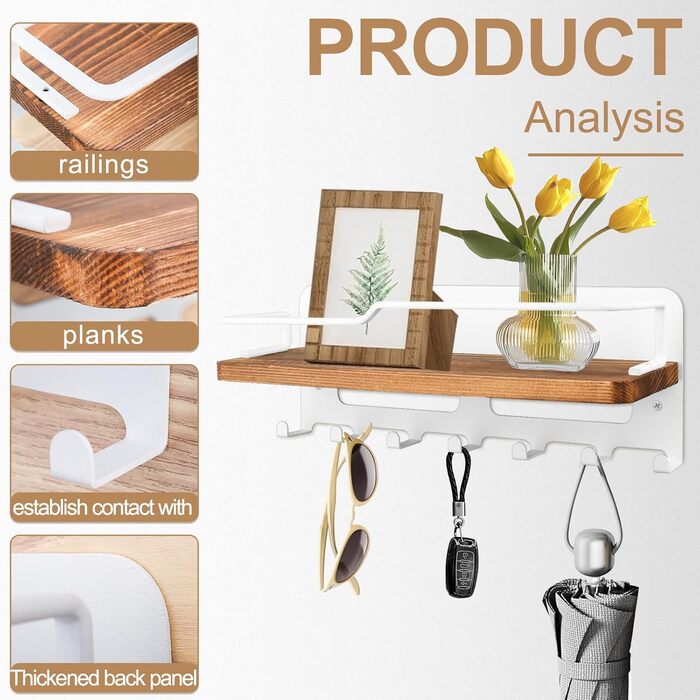 Дерев'яне ключове дошка JiangLin з полицею, декоративний тримач для ключів, настінна ключниця з 7 гачками, для входу, коридору, вітальні (білий)