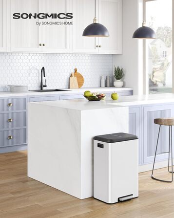 SONGMICS Відро для сміття кухонне, 40 літрів, з кришкою, з педаллю, Softclose, утримання кришки, біле LTB541E40