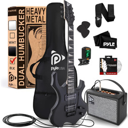 Електрогітара Pyle E – Комплект для гітари з підсилювачем, чохлом, струнами, ременем, тюнером та кабелем, для важкого металу та подорожей, чорна