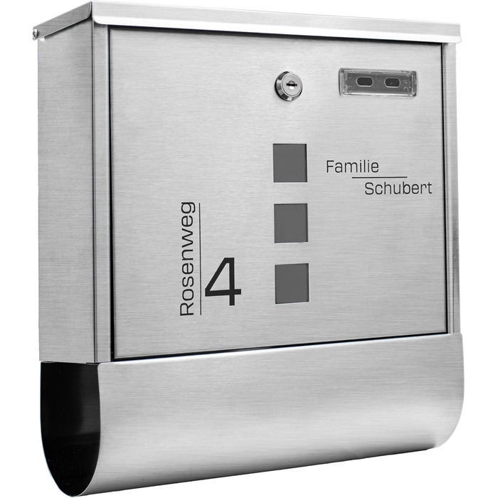 Поштовий ящик Grafner з нержавіючої сталі, персоналізований, з газетницею та 2 ключами. Гравіювання імені, вулиці та номера будинку. Комплект для монтажу входить.
