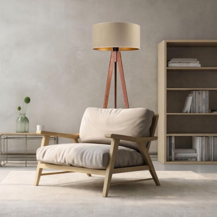 Підлогова торшерна лампа на дерев'яному тринозі (горіх) з велюровим абажуром бежево-золотистого кольору