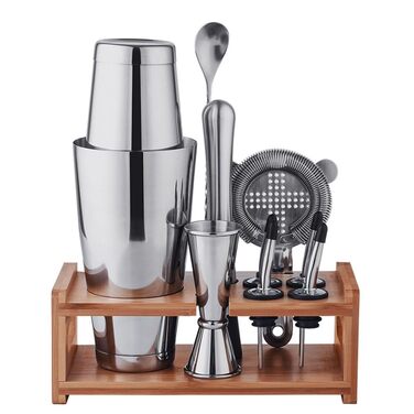 Набір для коктейлів 10 предметів з нержавіючої сталі: шейкер, міксер, дерев'яна підставка, аксесуари бармена (мірний стакан, ложка, наливка) для приготування напоїв вдома, барі, на вечірці