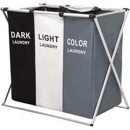 UHAPEER Laundry Basket 3 Compartments Large Foldable Dirty Clothes Basket Waterproof Laundry Collector Space Clothes Classification Light/Dark/Dyed (68 * 38 * 60cm, 3 Compartments)