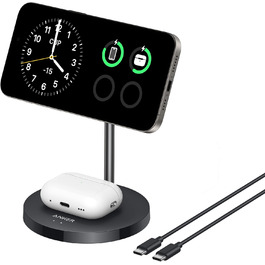 Anker MagGo 15W Magsafe Зарядний пристрій: 2-в-1 Індукційна станція, Qi2 Бездротовий заряд для iPhone 16/15/14/13/12, AirPods Pro, з USB-C кабелем 1.5м, чорний