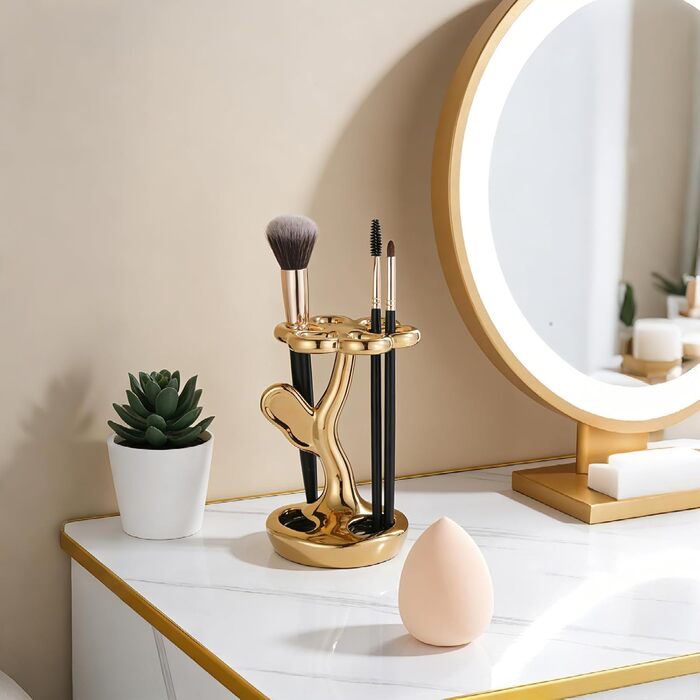 Тримач для зубних щіток та пензлів з кераміки, 6 відділень, сріблястий/золотистий