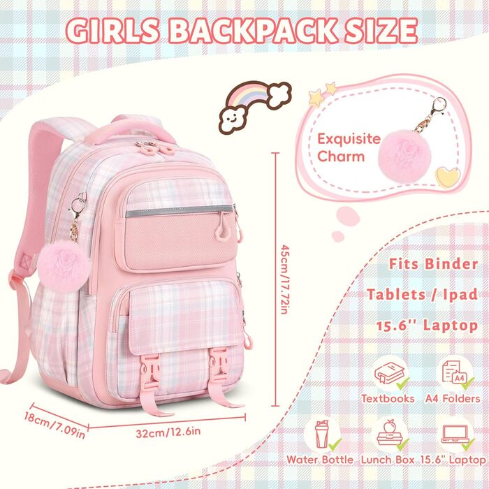 Шкільний рюкзак Tanou для дівчаток, ергономічний, великий, рожевий, з принтом в клітинку