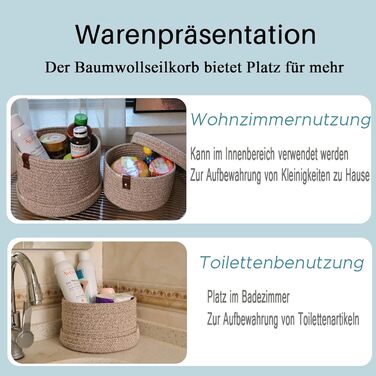 Yearonan 2 PIECE Cosmetic Storage Basket with Lid Storage Box Natural Cotton Yarn Material Washable Decorative Basket Leather Label Handle Storage Basket Set 30X17(cm)/25X13.5(cm) (White)