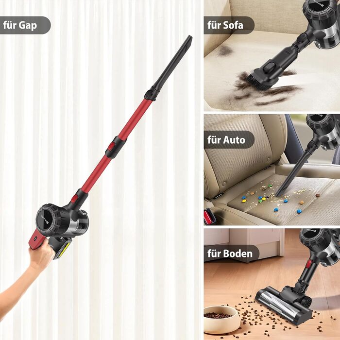 Бездротовий акумуляторний пилосос з антизаплутувальною насадкою, фільтрація 99,999%, для автомобіля та будь-яких поверхонь (червоний, незнімний акумулятор)