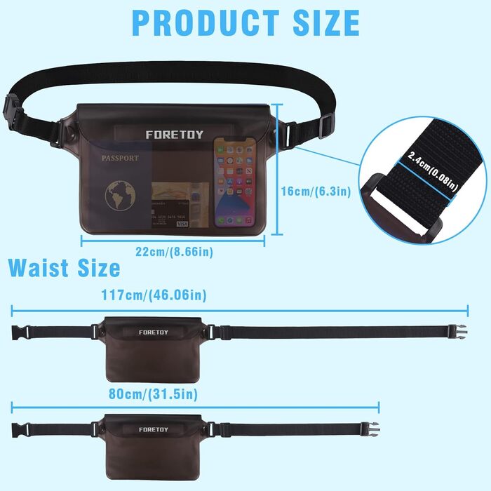 Водонепроникна сумка-чохол на пояс з регульованим ремінцем, IP68, для фотографії, водних видів спорту, пляжу, плавання, риболовлі тощо. Чорний + Сірий