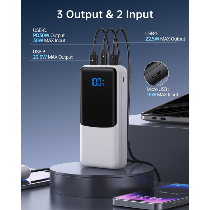 Power Bank Coblob 27000mAh з LED дисплеєм: швидка зарядка 30W USB-C, 3 виходи, 2 входи для смартфонів, планшетів, AirPods та іншого