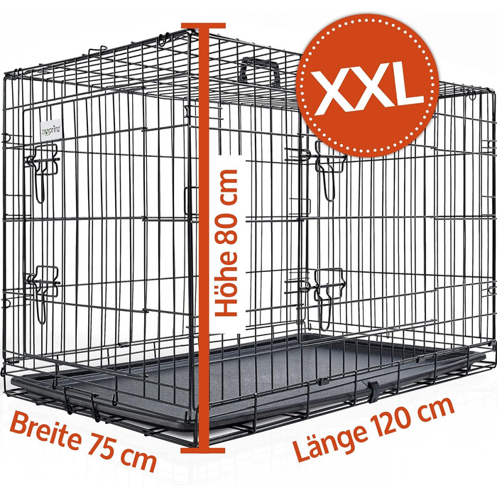 Складана переносна собача будка Zooprinz з міцного металу – клітка для собак з 2 дверцятами, піддоном та ручкою для перенесення – 4 розміри (122 x 74,5 x 80,5 см)