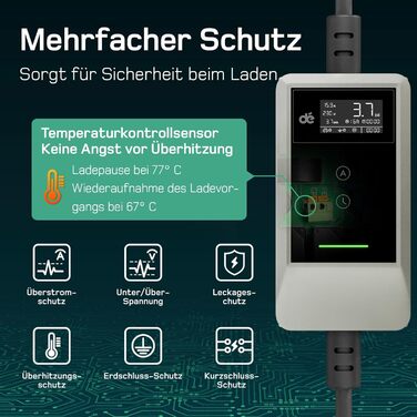 Кабель зарядки для електромобіля тип 2 Schuko 3,7kW (6-16A, 1-фазний) з LCD дисплеєм, 7м, для ID.3/4/5/7, Model Y/3, ENYAQ та інших PHEV/EV