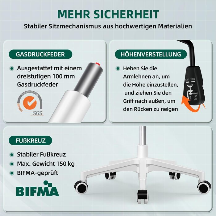 Ергономічне крісло для офісу, офісне крісло з підйомними підлокітниками, регульована поперекова підтримка, регульоване крісло для начальника, поворотне крісло, сітчасте крісло з функцією гойдання до 125° (Зелений, без підголівника)