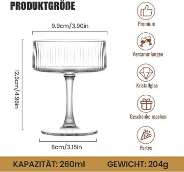 Бокали для Мартіні Crystal Coupe 4 шт, 226.8 г, ручної роботи для коктейлів, шампанського, Маніхетена