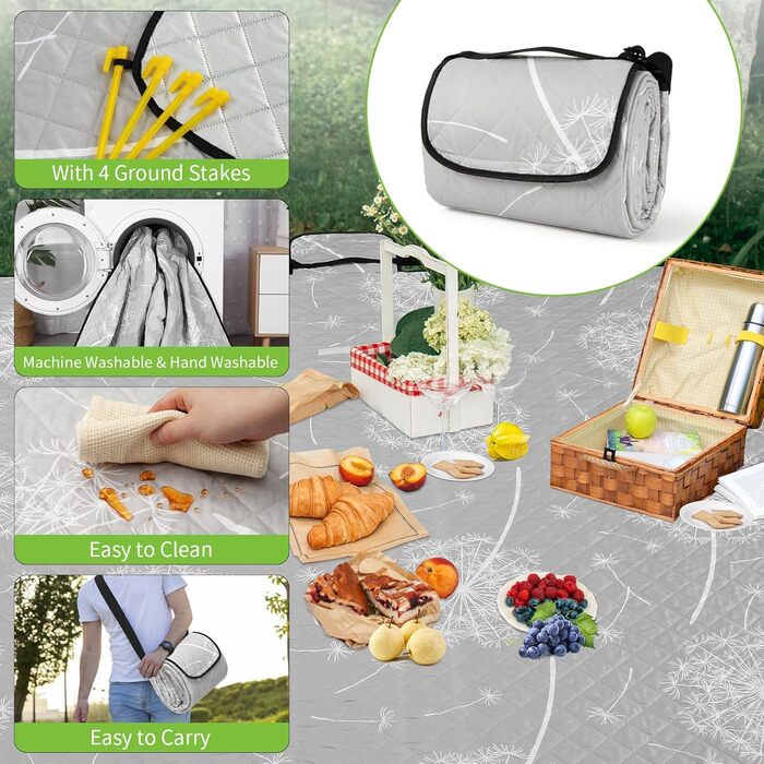 Пікнікова ковдра Aptliton 200x200 см, велика водонепроникна, з 4 кілочками, для кемпінгу, парку, саду, пляжу, машинного прання, складна, сірий молочай