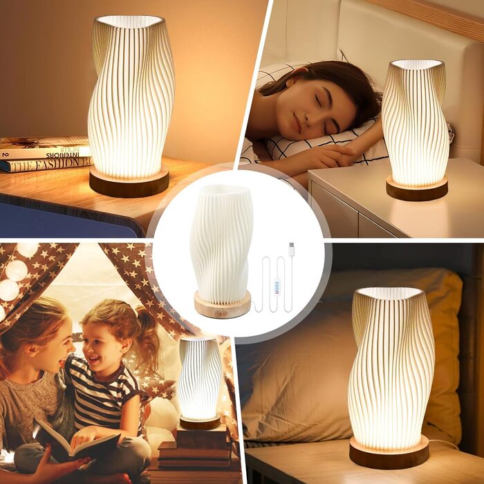 Нічна лампа Focenat з дерев'яним цоколем, 9-рівнів регулювання яскравості, мінімалістична лампа з абажуром з PLA, невелика лампа з кабелем, для спальні, вітальні