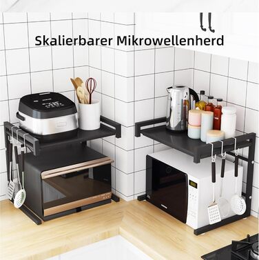 Стійка для мікрохвильової печі, 2-ярусна, чорна. Розширювана, з 6 гачками. Розміри: 36–57 x 36,5 x 80 см