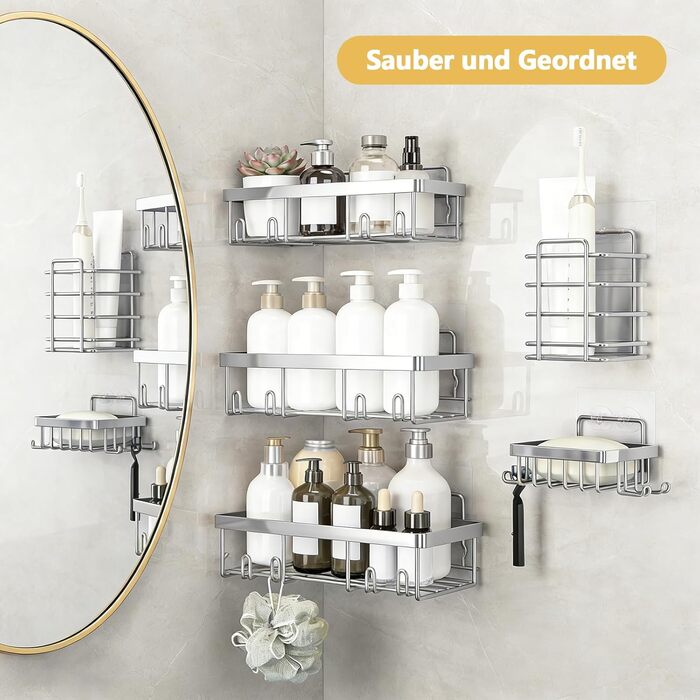 Підставка для душу без свердління, 5 шт. Тримач шампуню для душу з гачками, багаторазовий, самоклеючий, з нержавіючої сталі, органайзер для ванної кімнати, підходить для кухні, ванної, вітальні (сріблястий)