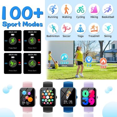 Дитячий розумний годинник Kinder Sport Fitness для дівчаток та хлопчиків з крокомером, 100+ спортивних режимів, будильником, іграми, секундоміром, повідомленнями, активним трекером для підлітків 5-16 років, чорний