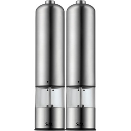 Silit Electric Grinder Set, 2-piece, 23 cm, Electric Salt and Pepper Grinder, Unfilled, Spice Grinders, Grinder for Salt, Pepper, Chili Peppers, Ceramic Grinder, Stainless Steel, Acrylic Glass