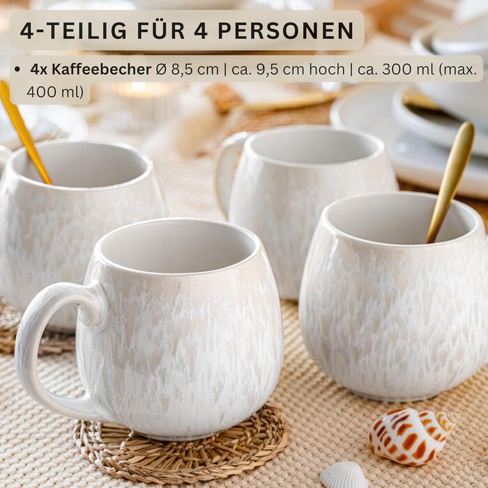 SÄNGER | Korfu Mug Set, 4-Piece, 4-Person Coffee Cups, Handmade Stoneware Mug, Dishwasher-Safe Tea Cup Set, Cream-Colored Coffee Cup Set with Sandy Texture, 300 ml | PREMIUM COLLECTION