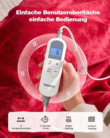 Електрична ковдра Yokimisu з автовимкненням 180x130 см, плюшева, з 6 рівнями нагріву, таймером, захистом від перегріву, пральна, для дому та офісу (червона)