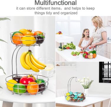 Металева фруктова корзина Bomclap з підставкою для бананів - 2 яруси. Сучасна фруктова корзина для кухні. Декоративна корзина для овочів та фруктів (срібна)