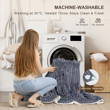 Електрична ковдра Nalome з автовимкненням 160*130 см, 9 температурних режимів, таймер 12 годин, захист від перегріву, пральна машина, фланцель, сіра