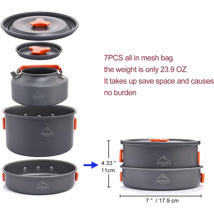 Набір посуду для кемпінгу WIDESEA на 2-3 особи, антипригарне покриття, сковорода, каструля та чайник, набір мірний, для походів/трекінгу/пікніків на природі (світло-сірий)