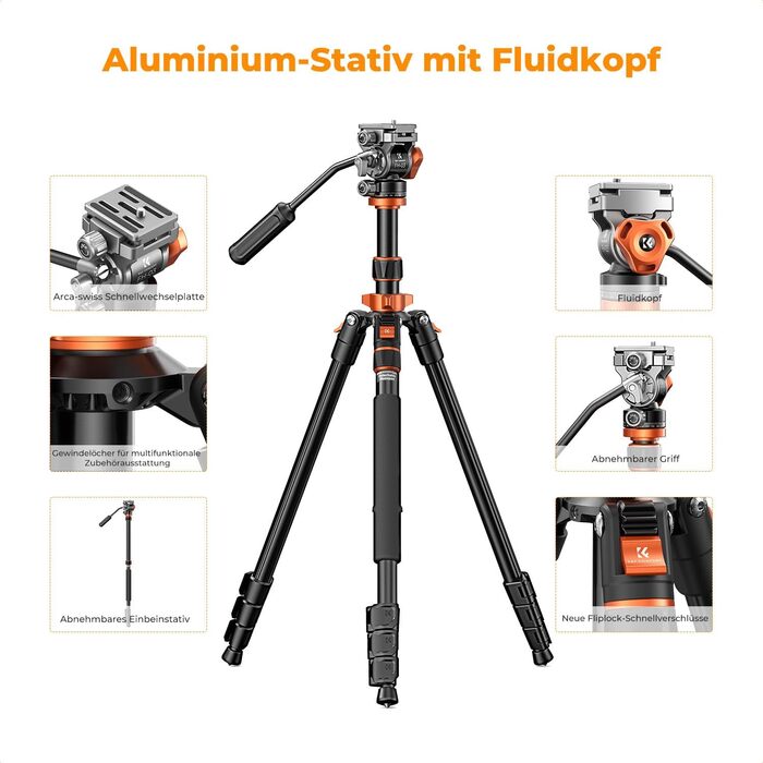 Штатив K&F Concept T254A7+BH-28L для камери: професійний, 230см, з рідинною головкою