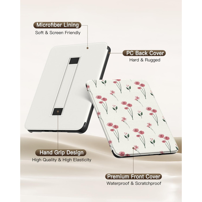 Чохол MoKo для Kindle Paperwhite (12-ге покоління, 2024) та Kindle Colorsoft Signature Edition (2024), з петлею для руки, авто-ввімкнення/вимкнення, Agave Grün (рожеві квіти)