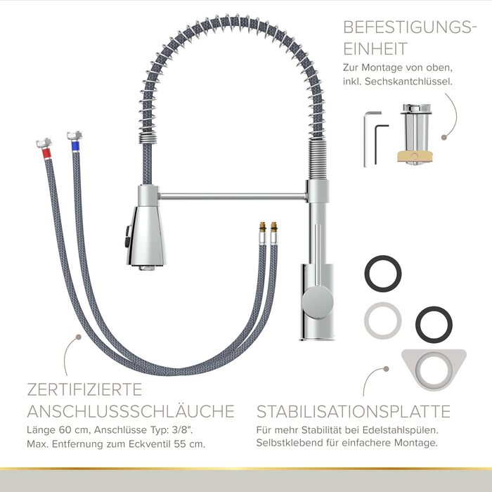 Кухонний змішувач Lenz KALANI² в стилі - з регульованою насадкою для посуду – проста установка та високоякісна обробка, 46070322 (Високий тиск, Хром)