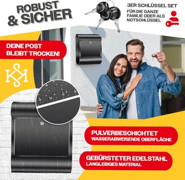 Поштовий ящик настінний KESSER XXL з нержавіючої сталі, з газетницею, замок з 3 ключами, чорний