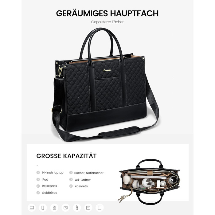 Сумка для ноутбука LOVEVOOK жіноча водонепроникна для роботи, університету, офісу (14 дюймів, чорна). Бізнес-сумка, шоппер, портфель, сумка для вчительки зі шкіри