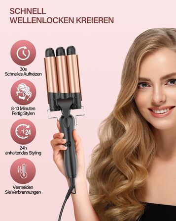 Локкенштаб 3 FäSser Beach Waves: Випрямляч для волосся з хвилястим ефектом, 25 мм, керамічний, рожеве золото