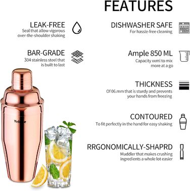 Набір шейкерів для коктейлів Velaze, 10 предметів, нержавіюча сталь, рожеве золото, професійний барний набір для дому, бару та вечірок