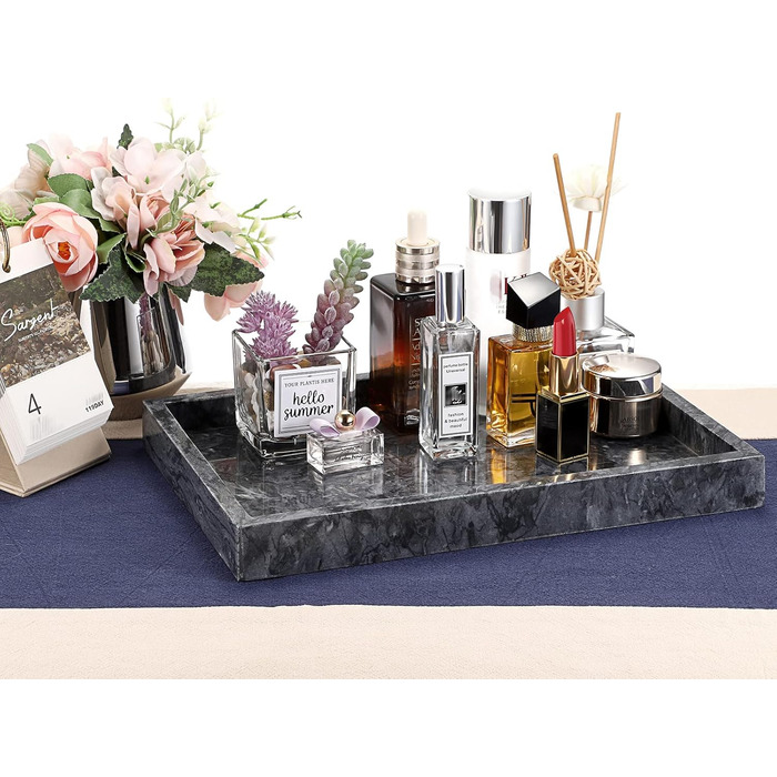 30x20cm Natural Marble Stone Storage Tray, Decorative Rectangular Plate Tray Organizer for Kitchen Bathroom Dresser Decor Vanity Counter Coffee Table, Black