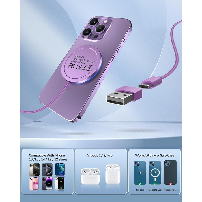 Бездротовий зарядний пристрій для iPhone, AirPods: LED-зарядка з двома портами (фіолетовий)