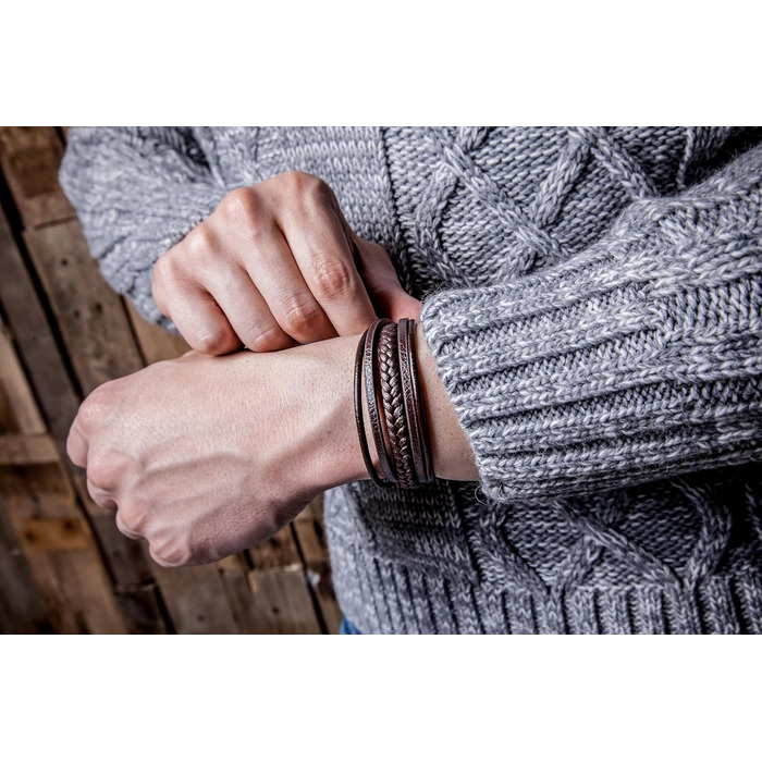 Браслет чоловічий шкіряний SERASAR Premium плетіння, коричневий, з магнітною застібкою з нержавіючої сталі, 17 см - подарункова коробка